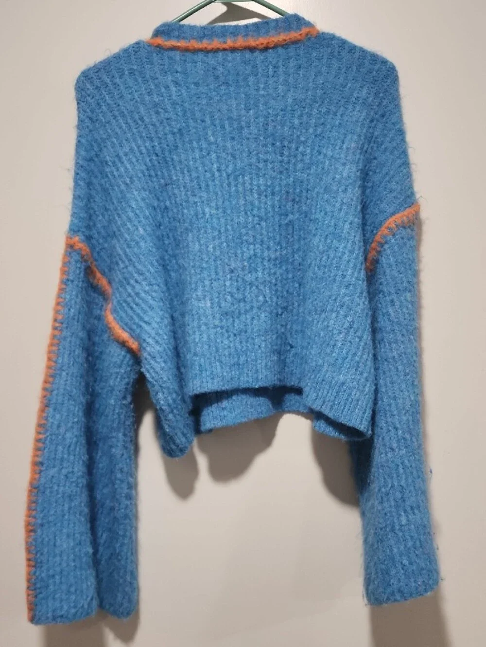 NATIVE YOUTH Blue Cropped Fuzzy Knit Sweater with Orange Trim